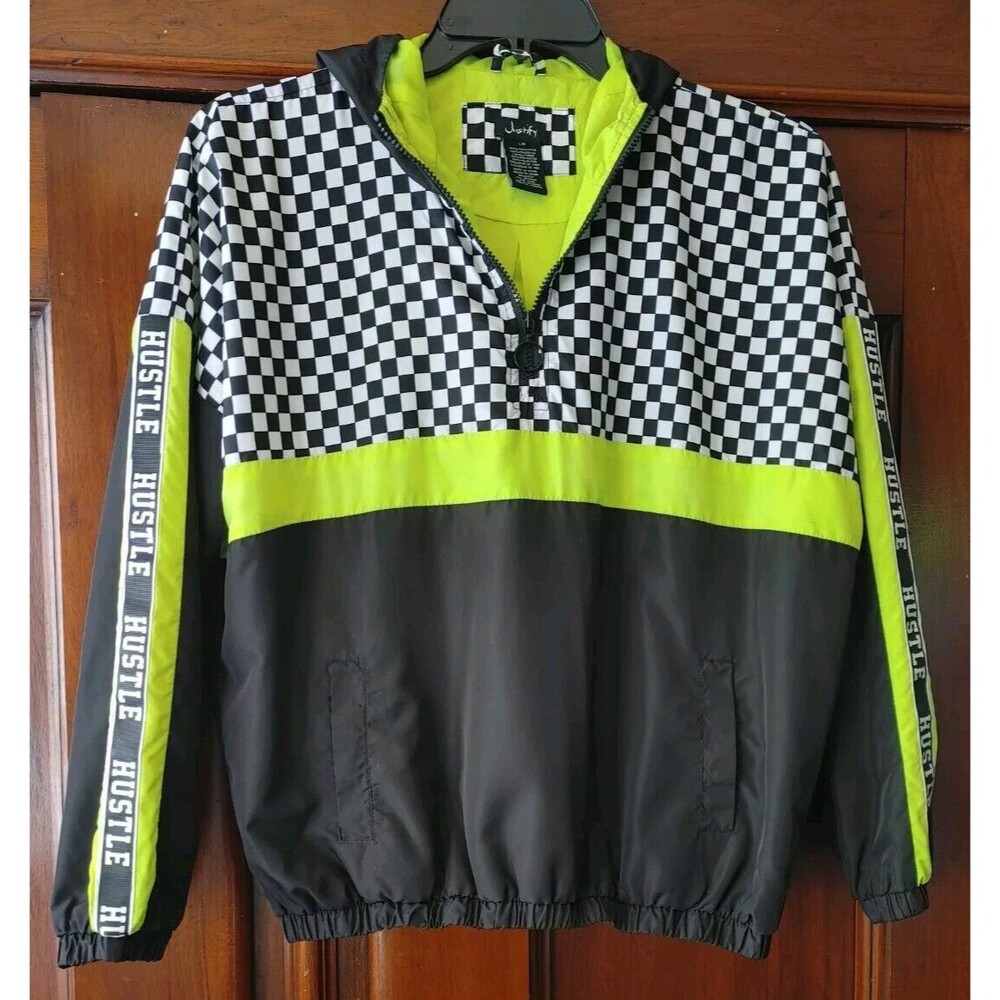 Justify Black, White & Neon Yellow Checkerboard Half-Zip Varsity Jacket